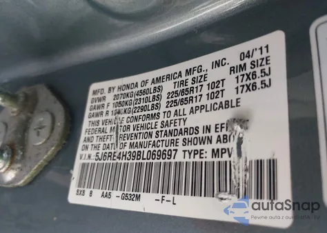 2011 Honda Cr-V Lx из США, поврежденный, VIN 5J6RE4H39BL069697